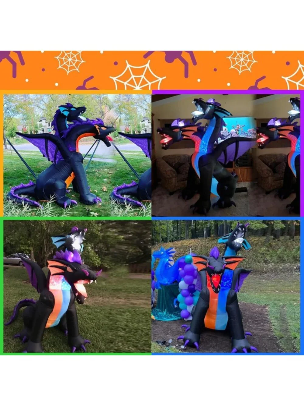 7FT Halloween Inflatable Dragon - Fire & Ice, 2 Heads, LED Lights for Outdoor